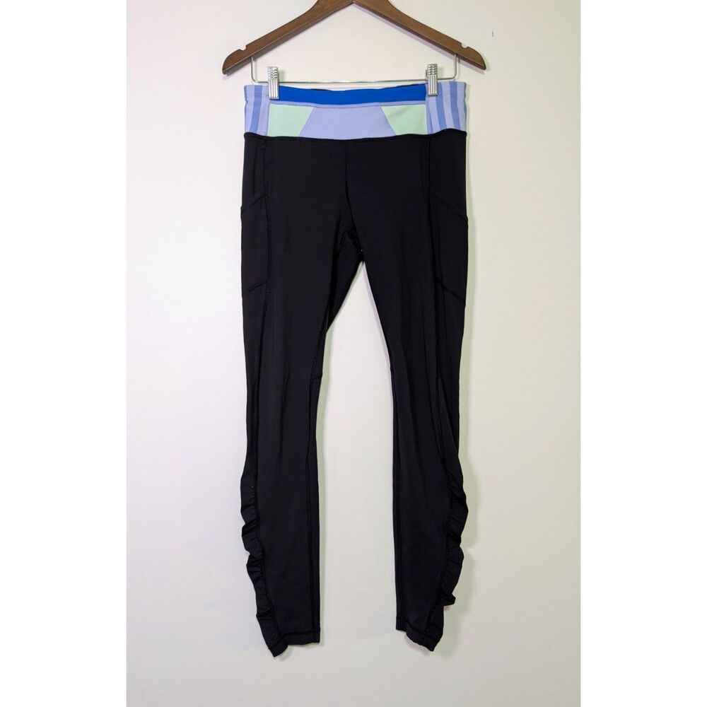 Lululemon Speed Tight Leggings Ruched Size 8 Black Blue Green Band Athleisure - Picture 2 of 6